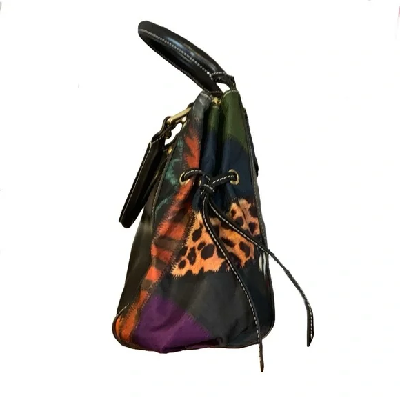 BRACCIALINI BLACK LEATHER SHOULDER BAG W/MULTI COLOR FABRIC SIDES - Picture 7 of 13